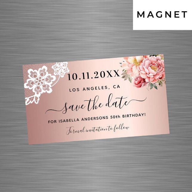 Rose gold pink lace birthday Save the Date magnet (Creator Uploaded)