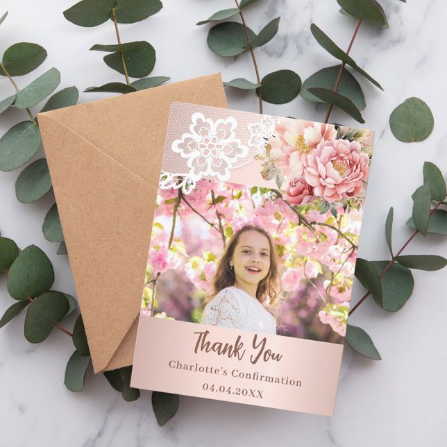Rose gold pink lace girl Confirmation photo Thank You Card (Creator Uploaded)