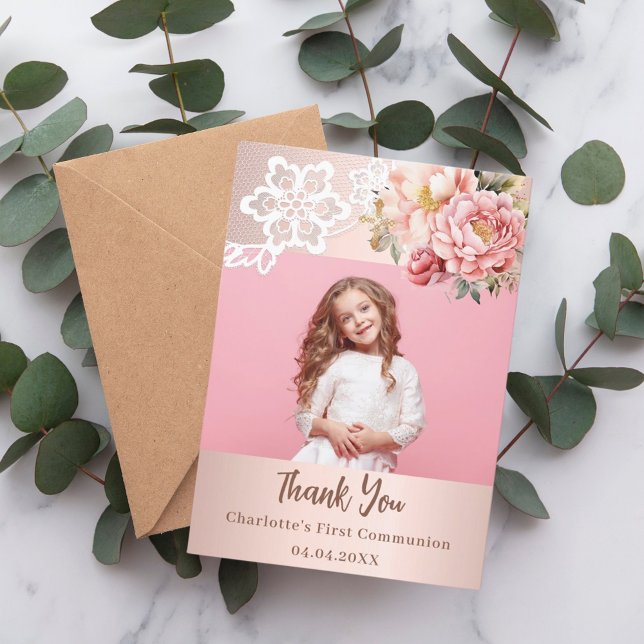 Rose gold pink lace girl First Communion photo Thank You Card (Creator Uploaded)