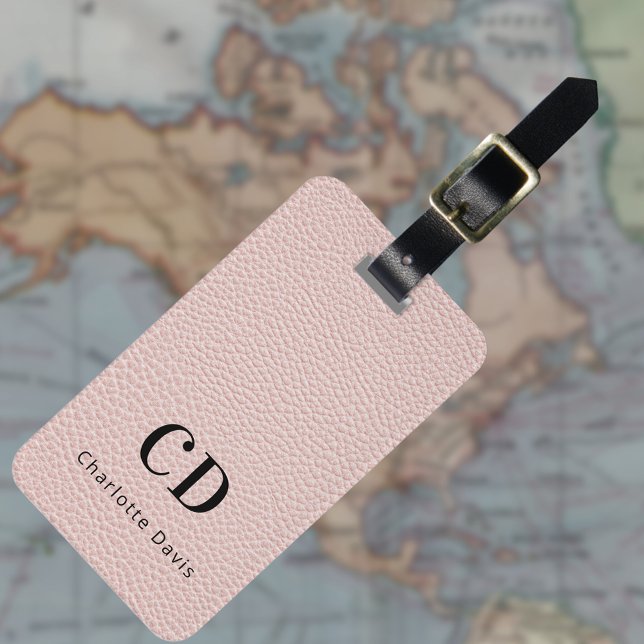 Rose gold pink leather monogram name luggage tag (Creator Uploaded)