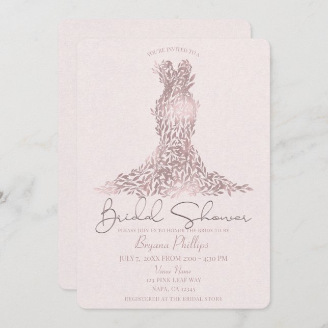Rose Gold Pink Leaves Glam Dress Bridal Shower Invitation (Front/Back)