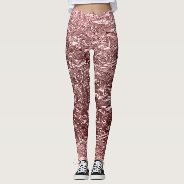 Rose Gold Pink Liquid Chrome Metal Metallic Look Leggings (Front)