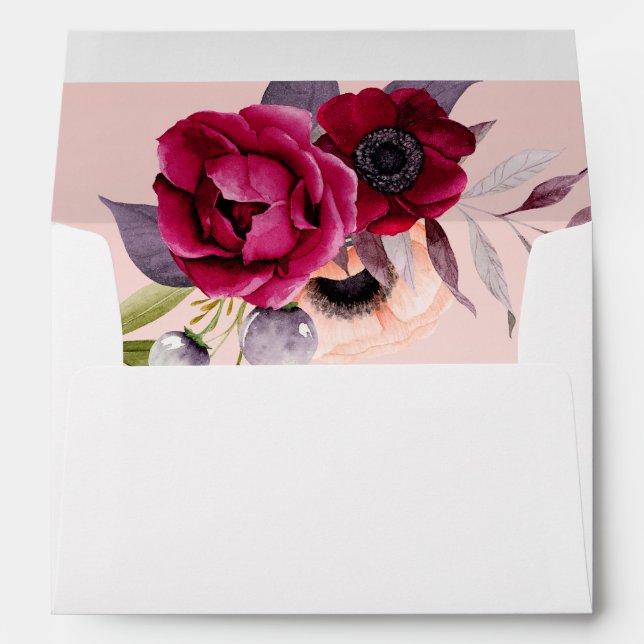 Rose gold pink lush watercolored florals wedding envelope (Back (Bottom))