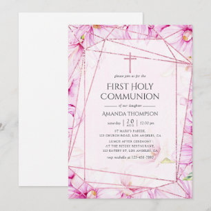 Rose Gold & Pink Magnolia Geometric Holy Communion Invitation