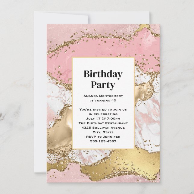 Rose Gold Pink Marble Abstract Birthday Invitation (Front)