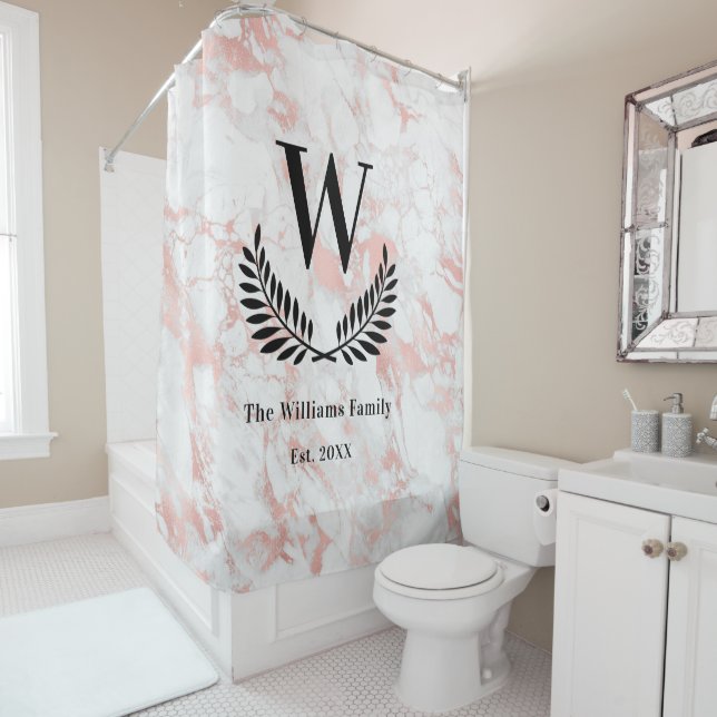 Rose gold pink marble family monogram elegant shower curtain (In Situ)