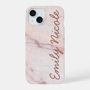 Rose Gold Pink Marble Monogram iPhone 15 Case