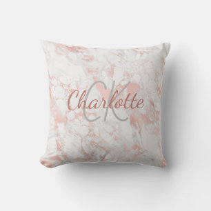 Rose gold pink marble monogram name elegant cushion