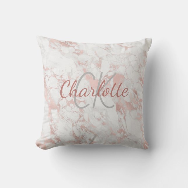 Rose gold pink marble monogram name elegant cushion (Front)