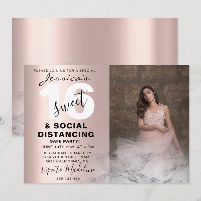 Rose gold pink marble Sweet 16 Birthday Photo Chic Invitation (Front/Back)