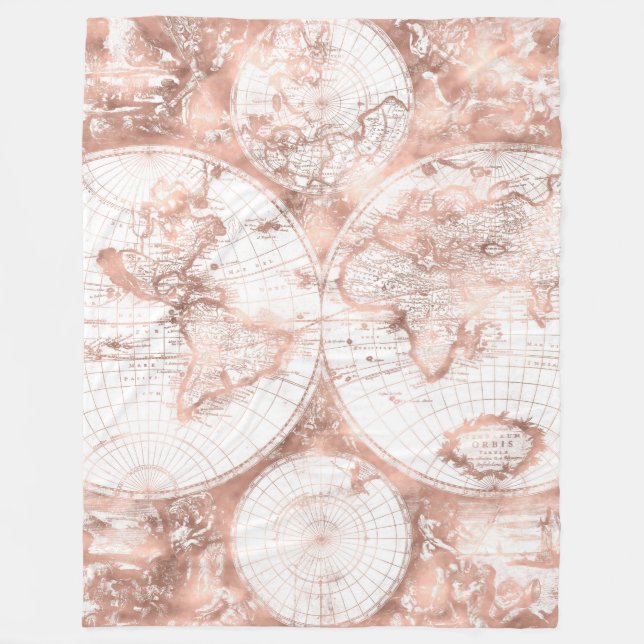 Rose Gold Pink Metal Glitter Antique World Map Fleece Blanket (Front)