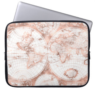 Rose Gold Pink Metal Glitter Antique World Map Laptop Sleeve