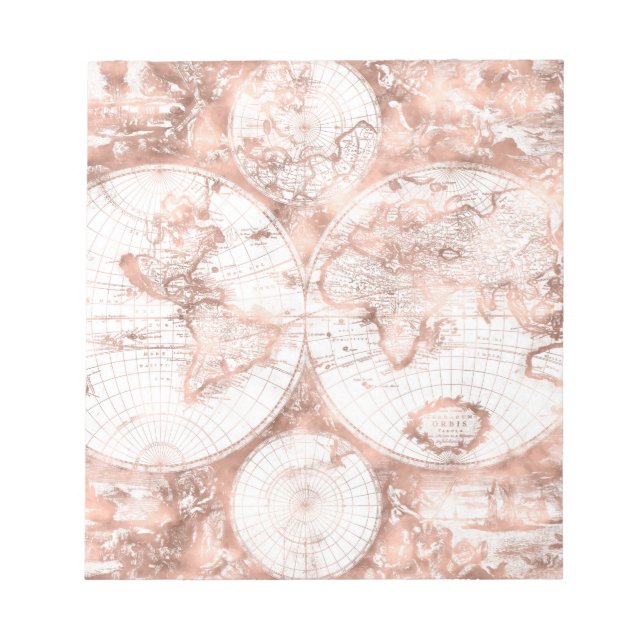 Rose Gold Pink Metal Glitter Antique World Map Notepad (Front)