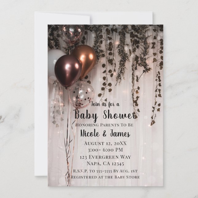 Rose Gold Pink Metallic Balloons & Ivy Baby Shower Invitation (Front)