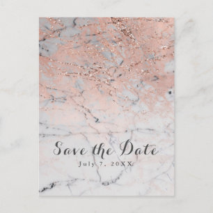 Rose Gold Pink Modern Marble Glam Save the Date Announcement Postcard