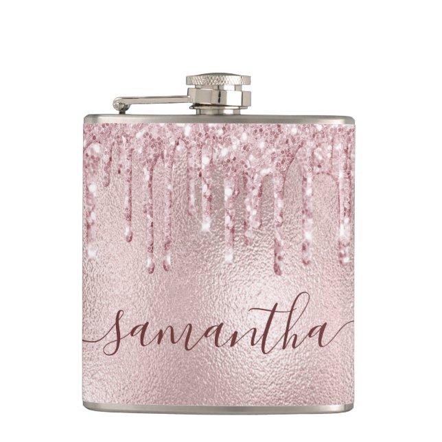 Rose gold pink monogram bachelorette party hip flask (Front)