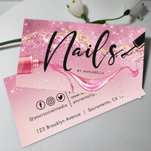 Rose Gold & Pink Nails Sparkly Monogram Business Card