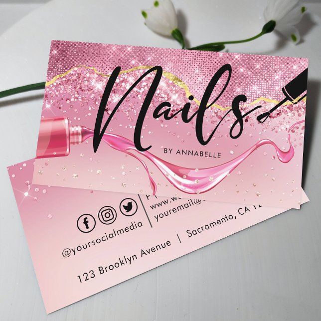 Rose Gold & Pink Nails Sparkly Monogram Business Card (Creator Uploaded)