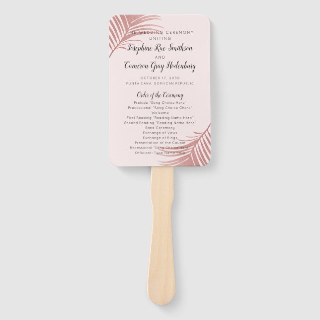 Rose Gold Pink Palm Beach Tropical Wed Program Fan (Front)