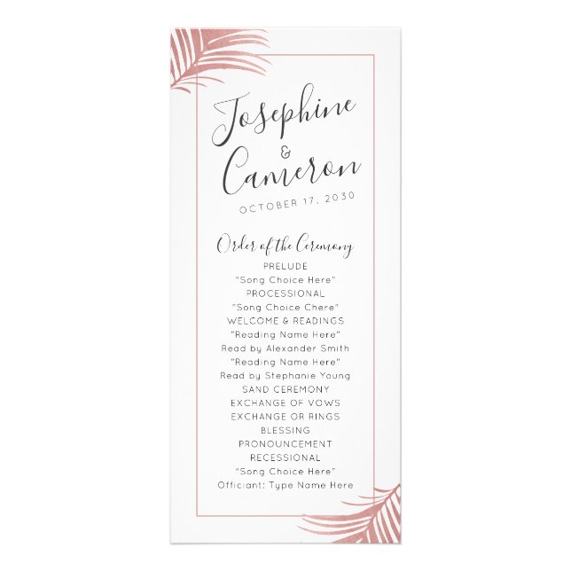 Rose Gold Pink Palm Leaves Beach Wedding Program Rack Card (Front)
