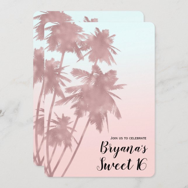 Rose Gold Pink Palms Beach Ombre Palm Trees Chic Invitation (Front/Back)