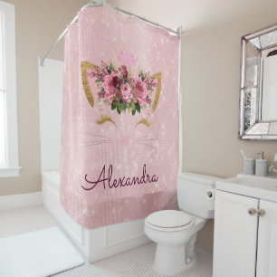 Rose Gold Pink Princess Kitty with Monogram Shower Curtain