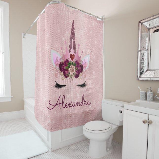 Rose Gold Pink Princess Unicorn with Monogram Shower Curtain (In Situ)