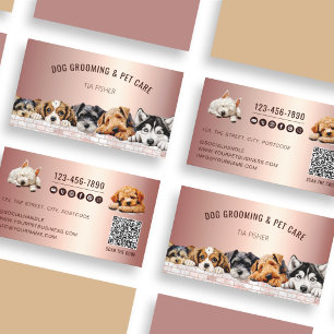Rose Gold Pink QR Code Social Media Dog Grooming  Business Card