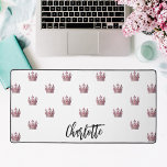 Rose gold pink queen crown white name desk mat<br><div class="desc">A white background decorated with rose gold and pink crowns for a queen.  Personalise and add your name.</div>