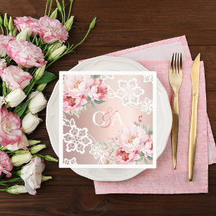 Rose gold pink roses floral monogram wedding napkin