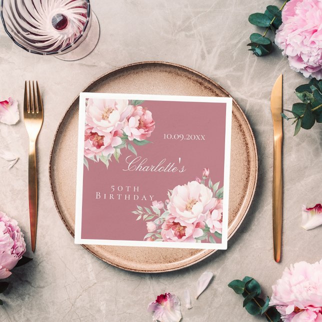 Rose gold pink roses florals elegant birthday napkin (Creator Uploaded)