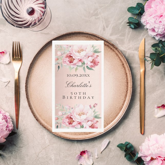 Rose gold pink roses florals elegant birthday napkin (Creator Uploaded)