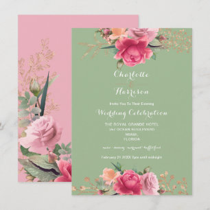 Rose Gold Pink Sage Green Floral Roses Wedding Invitation