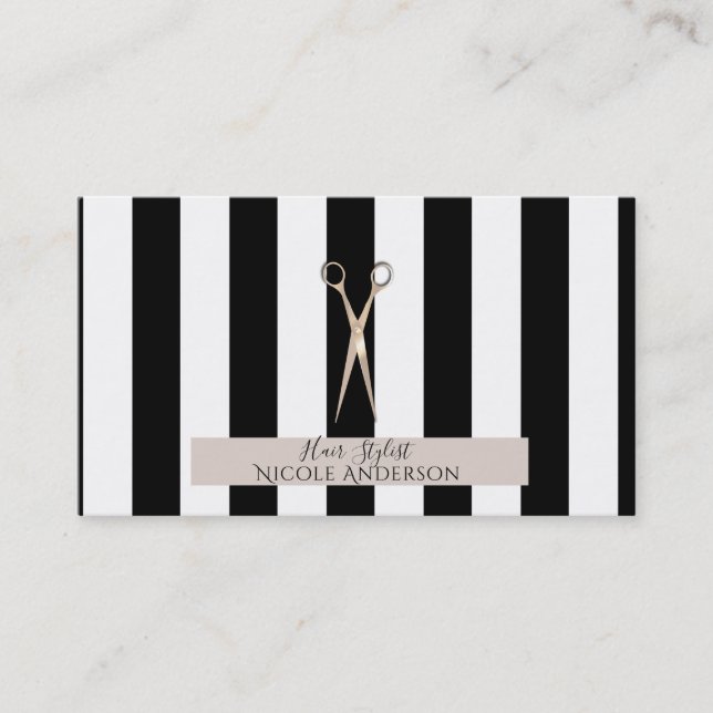 Rose Gold Pink Scissors Black Stripes Hair Stylist Business Card (Front)