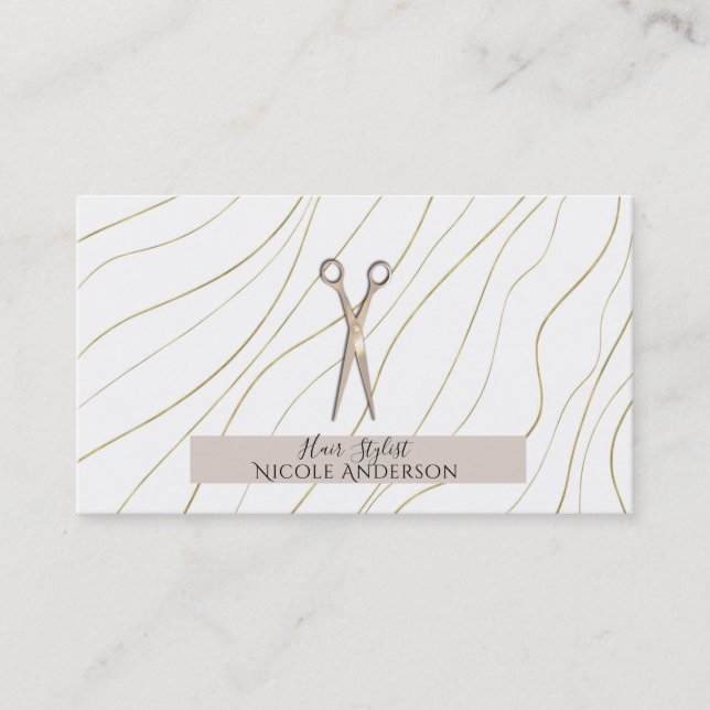 Rose Gold Pink Scissors Gold Wavy Hair Stylist Business Card (Front)