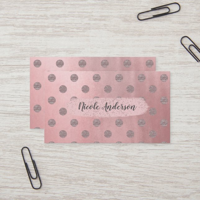 Rose Gold Pink Shine Glam Polka Dots Modern Chic Business Card (Front/Back In Situ)