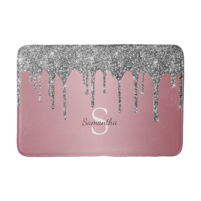 Rose Gold Pink Silver Glitter Drips Monogram Name Bath Mat (Front)