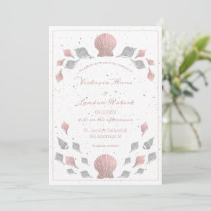 Rose Gold Pink Silver Metallic Seashells Wedding Invitation