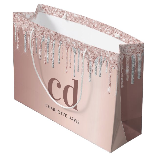 Rose gold pink silver monogram birthday large gift bag (Back Angled)