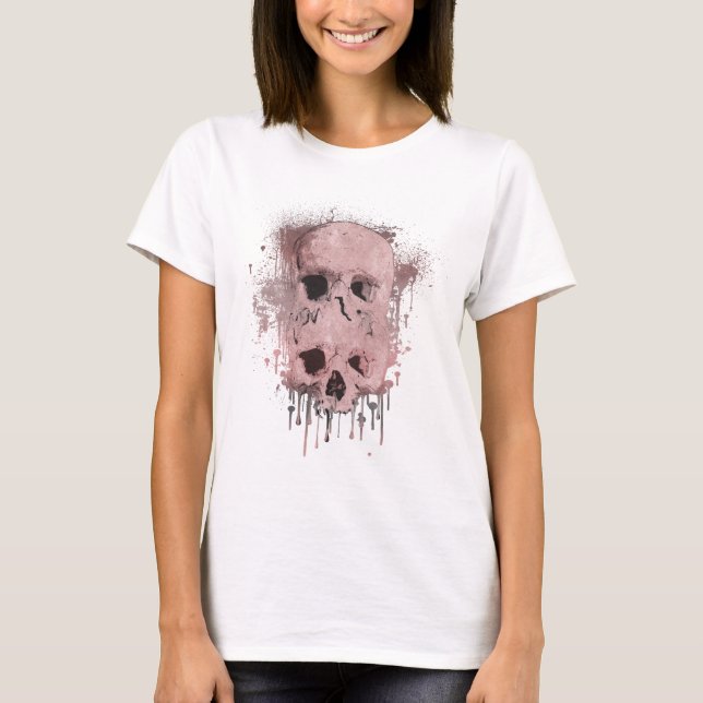 Rose Gold Pink Skull Drip Ink Splatter Graphic T-Shirt (Front)