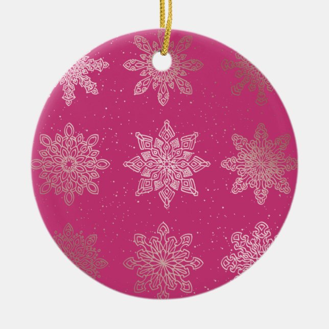 Rose Gold & Pink Snowflake Christmas Pattern Ceramic Tree Decoration (Front)
