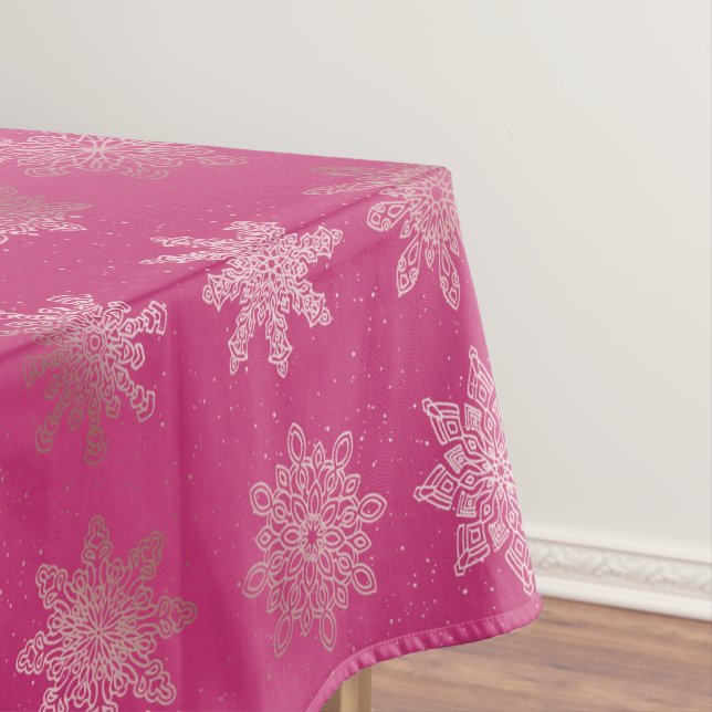 Rose Gold & Pink Snowflake Christmas Pattern Tablecloth (In Situ)
