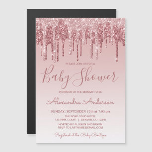 Rose Gold Pink Sparkle Glitter Baby Shower Magnetic Invitation