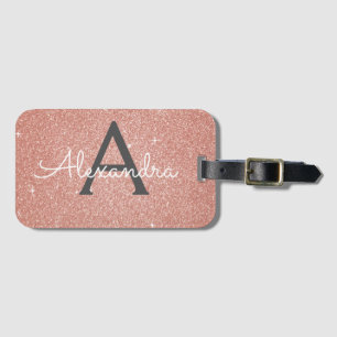 Rose Gold Pink Sparkle Glitter Monogram Name Luggage Tag