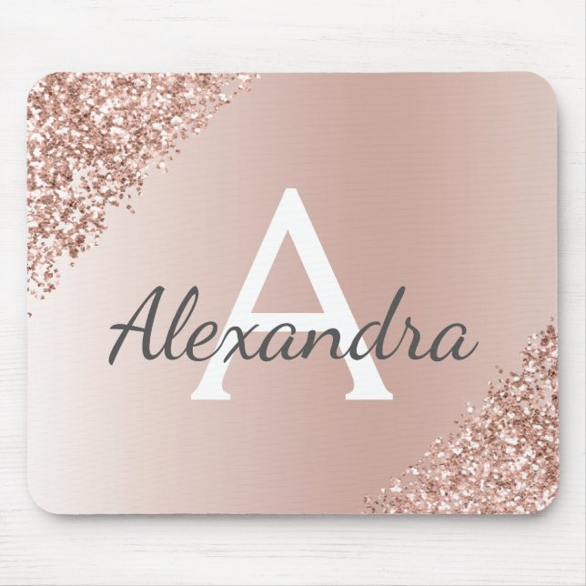 Rose Gold - Pink Sparkle Glitter Monogram Name Mouse Pad (Front)