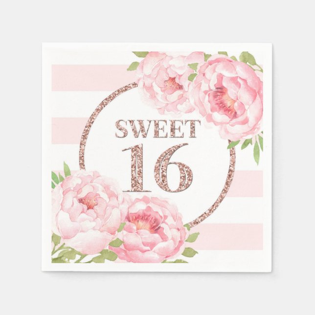 Rose Gold Pink Stripes Flowers Sweet 16 Birthday Napkin (Front)