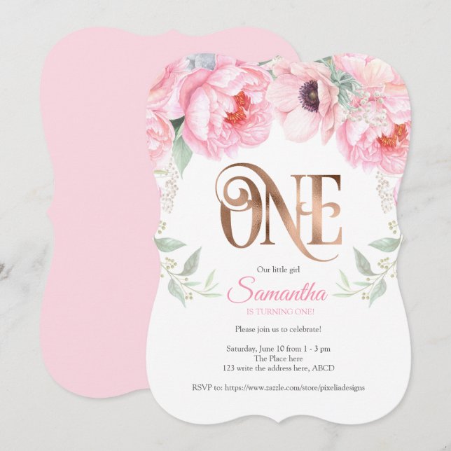Rose gold, Pink, Watercolor, Floral, 1st Birthday Invitation (Front/Back)