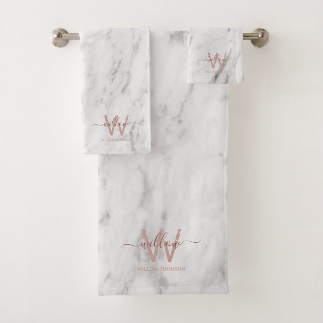 Rose Gold Pink White Marble Glitter Dust Monogram  Bath Towel Set (Insitu)