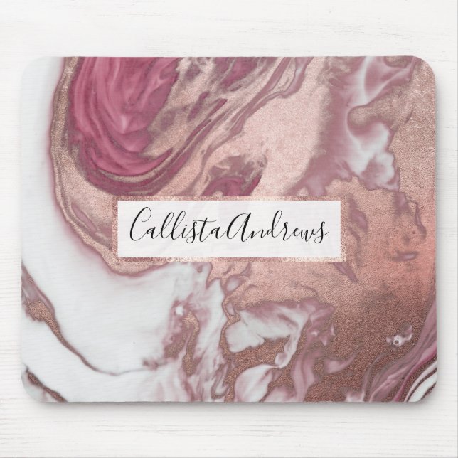 Rose Gold Pink White Painted Girly Abstract Marble Mouse Pad (Front)