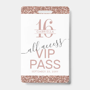 Rose Gold Pink White Sweet 16 Invitation VIP ID Badge